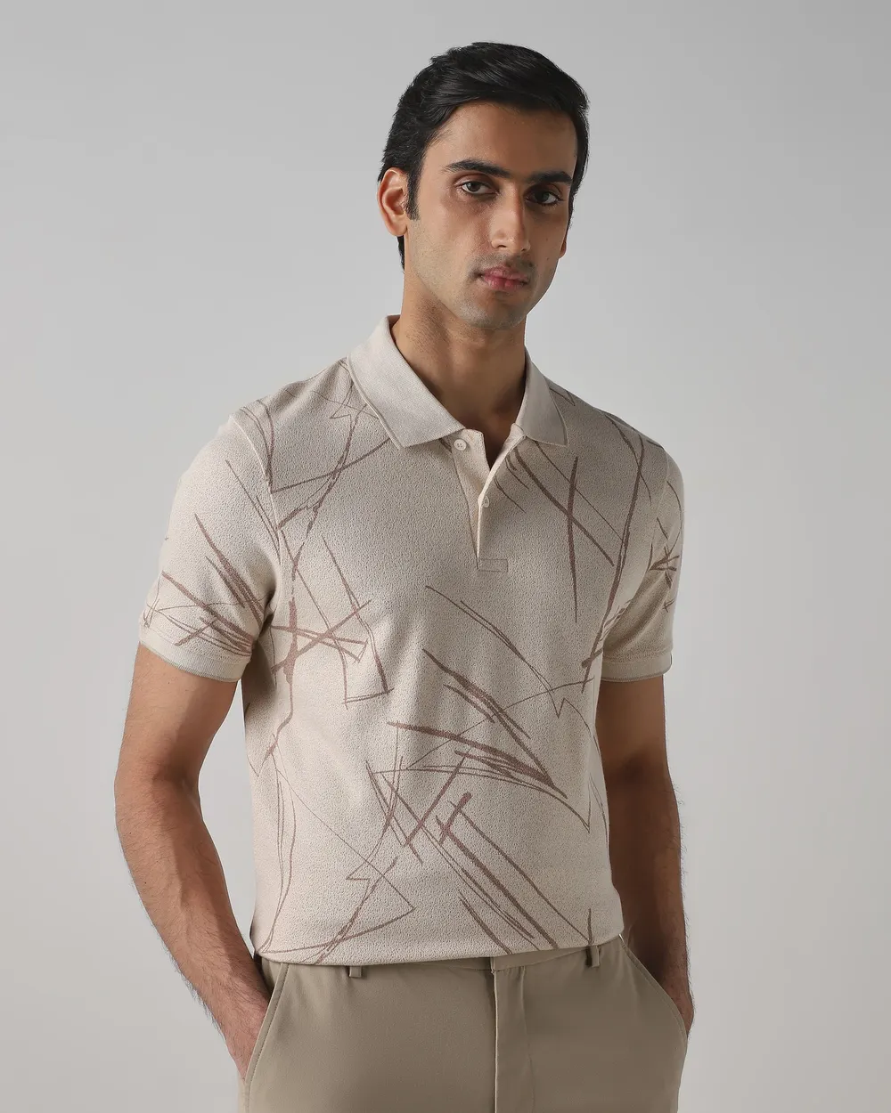 Tailored Beige Printed Jacquard Polo T-Shirt