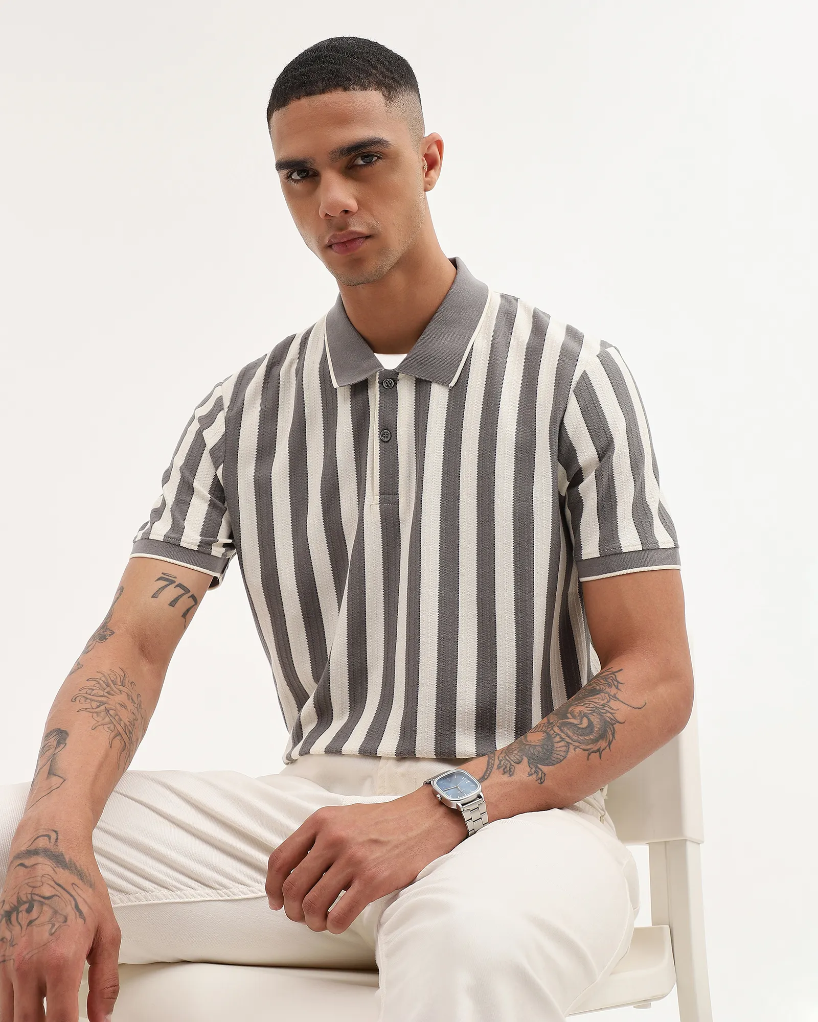 Essential Grey Textured Slim Fit Polo T-Shirt