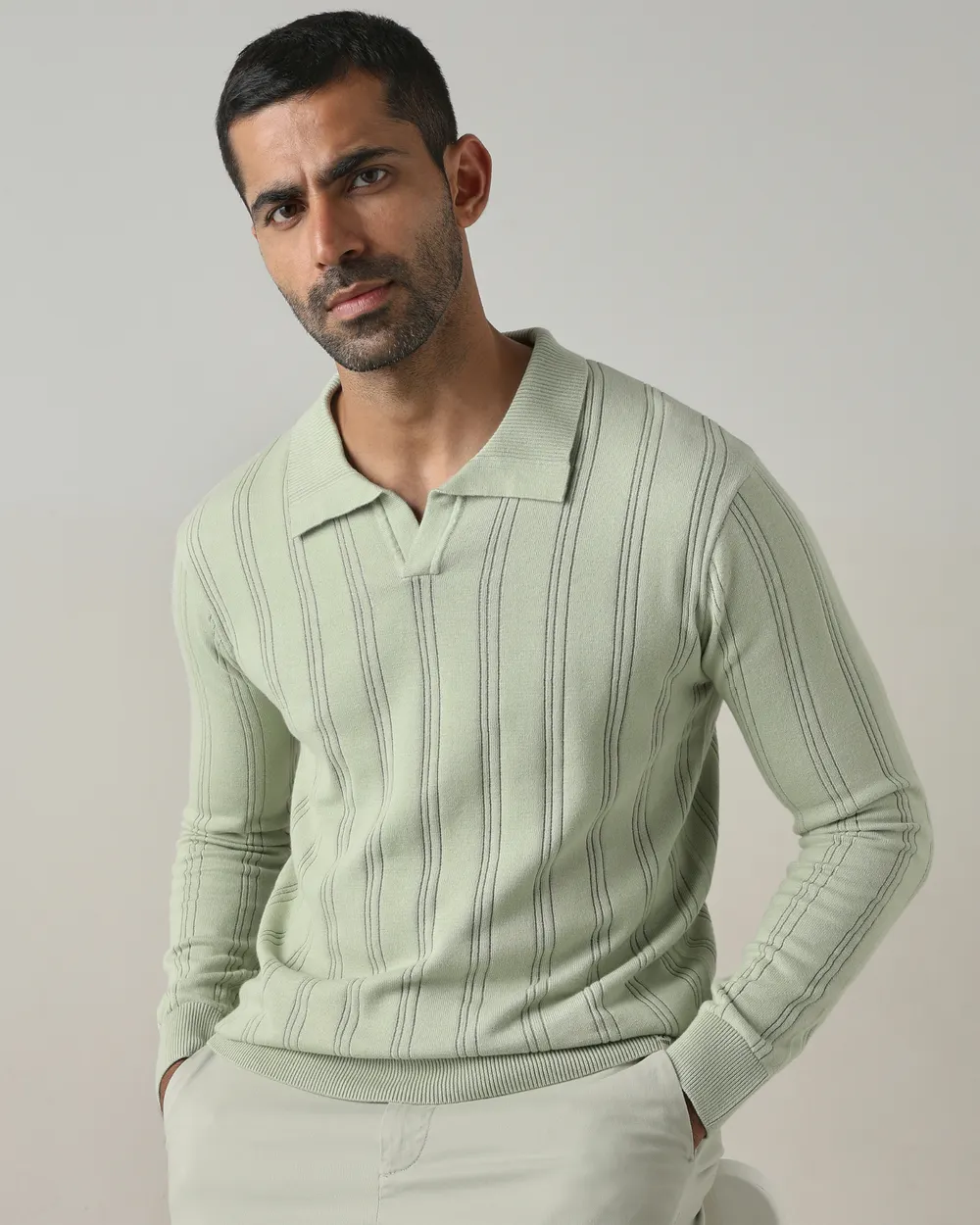 Minimal Sage Textured Slim Fit Polo T-Shirt